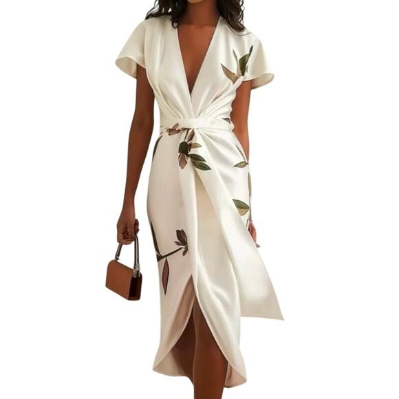 FEHAUTE White Leaf Short Sleeve Satin Wrap Sheath Midi Dress, size 6 - Picture 1 of 8